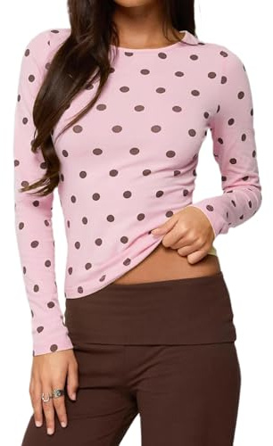 Barbotimer Women Polka Dot Top Y2k Long Sleeve Crew Neck Slim Fit Blouse | Basic Casual Stretch Crop Tops Cute Dots Print Shirt Aesthetic Clothes Vintage Dot Partten Going Out Streetwear Fall Outfits
