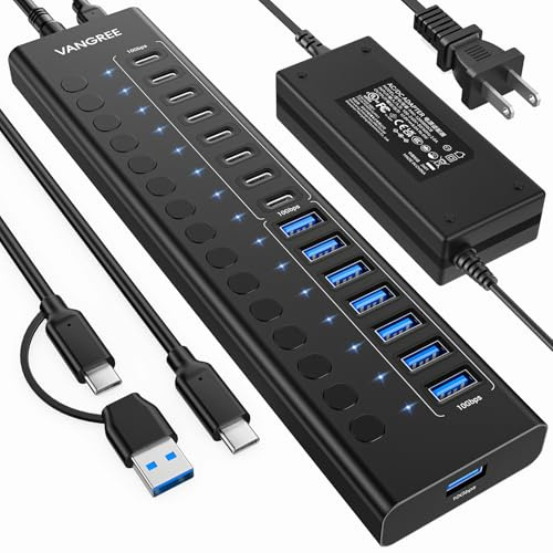 Hub USB 3.2 Gen 2, hub USB VANGREE a 16 porte (8 USB-A 3.2+8 USB-C 3.2), hub di espansione multiporta in alluminio da 10 Gbps con adattatore di alimentazione da 96 W per PC portatile HDD SSD Flash