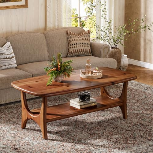 TRIBEWOOD 47.24 Solid Wood Coffee Table, Mid Century Modern Center Table with Rounded Corners, Rectangle 2-Tier Coffee Table for Living Room, Walnut