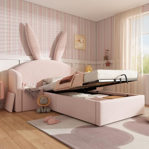 Zepneiy Lit Enfant 90x190 avec tête de lit Oreilles de Lapin, Lit capitonné avec angement hydraulique et Table de Chevet, Velours Rose (sans Matelas)