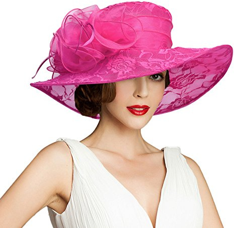 Lawliet Woman Organza Sun Hat Church Wedding Occasion Hat Wide Brim Feather Hat(Hot Pink)