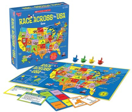 University Games, Scholastic Race Across the USA Board Game , Geography Learning Game for Kids and Families, for 2 to 4 Players Ages 8 and Up