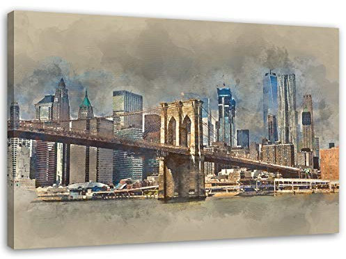 Feeby. NEW YORK Bild auf Leinwand Größe: 70x50 cm, 1 Teilig Leinwanbild Wandbild Kunstdrucke Wanddeko BROOKLYN BRIDGE ARCHITEKTUR BRAUN BLAU