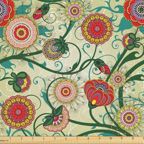 ABAKUHAUS Blumen Stoff als Meterware, Orientalische Inspirationen, Qualitäts Stoff Dekorativer Polster Heimtextilienstoff, 2M (148x200cm), Blasser Teal Rot