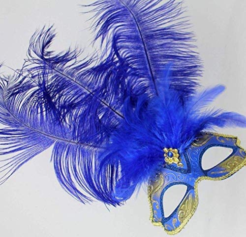 LADIES BLUE & GOLD VENETIAN MASQUERADE HALLOWEEN CARNIVAL PARTY EYE BALL FEATHER MASK