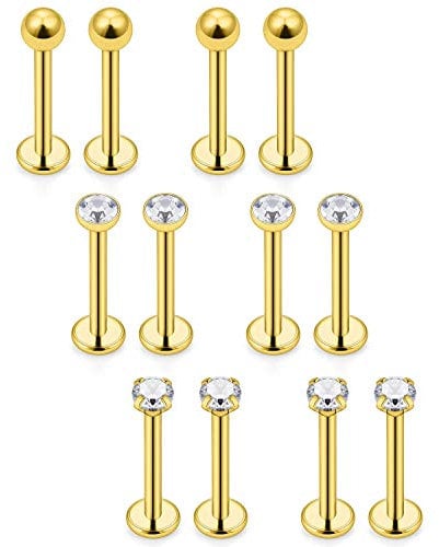 Mayhoop 12er 16G 1.2mm Knorpel Tragus Helix Piercing Chirurgenstahl CZ Kugel Lippenpiercing Labret Stecker 3 Stil 6mm Gold
