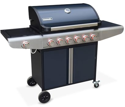 Alice's Garden - Barbecue au gaz - Bazin 6 Gris anthracite - Cuisine extérieure 6 brûleurs dont 1 feu latéral avec tablettes et thermomètre. rangement. roues