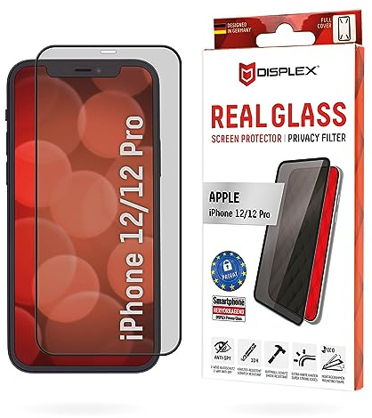 Displex Privacy Full Cover Panzerglas (10H) für Apple iPhone 12/12 Pro, Eco-Montagerahmen, Privacy Filter, Tempered Glas, kratzer-resistente Schutzfolie, hüllenfreundlich