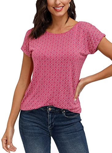 TrendiMax Camiseta Casual Mujer Verano Camisas Mangas Cortas T-Shirt Estampados Blusas Tops Rojo S