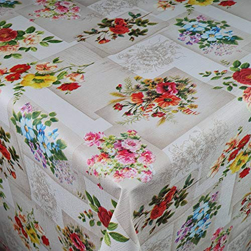 Wachstuch Wachstischdecke Tischdecke Breite und Länge wählbar Rosen Strauß Beige Eckig 130 x 170 cm abwaschbar Gartentsichdecke