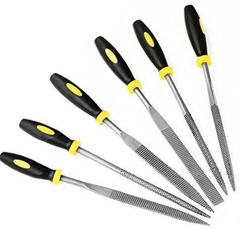 Happyupcity - Set di 6 lime con manico in metallo, 4 x 160 mm, piccole lime in metallo, con chiusura piatta, quadrata, triangolare, rotonda, mezza rotonda, per lavori in metallo