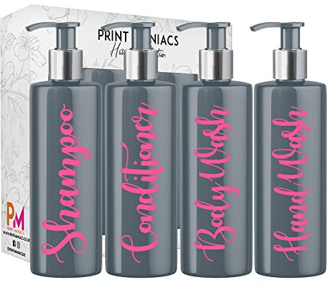 Print Maniacs Grey Mrs Hinch Inspired Personalised 500ml Pump Bottles Bathroom Lotion Kitchen Set Shampoo Conditioner Body Wash (Set 4 Hand Wash) (Baby Pink)