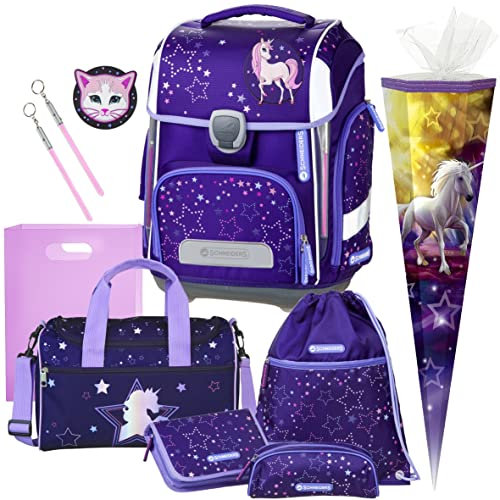 Primus-Versand COSMIC GIRL - Einhorn - Schneiders ERGOLITE mit LED-LEUCHTSYSTEM Schulranzen-Set 9tlg. mit SPORTTASCHE und SCHULTÜTE - HEFTBOX GRATIS DAZU - 78385-074, Lila, 31 x 40 x 23cm