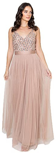 Maya Deluxe Women's Ladies Maxi Dress Long Length Wedding Guest Bridesmaid Prom Summer Evening Gown V Neck Straps Bow Tie, Taupe Blush, 6