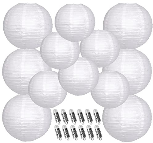 YUNXUAN Papperslyktor dekorativa, vita hängande papperslyktor med lampor för bröllopsdag födelsedagsfest 12 LED-lampor runda kinesiska lyktor 30 cm 25 cm paket med 12