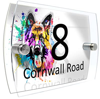 House Number Plaque Sign Door Road Plate for Dog Lovers Personalised Watercolour Print (D421 German Shepherd)