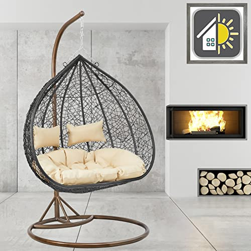 GOODS EMPORIUM Premium Hanging Double Egg Chair Outdoor Garden Swing Chair Hammock Chair with Cushions - RAIN COVER INCLUDED (Double, Brown - Black - Beige)