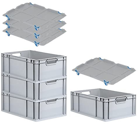 PROREGAL SuperSparSet 4x Eurobox NextGen Grip mit Auflagedeckel & 4 blauen Schiebeschnappverschlüssen, HxBxT 22x40x60cm, 44 L, Grau, Griffe offen, Eurobehälter, Transportbox