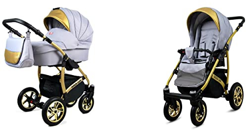 BabyLux® Bambimo Kinderwagen Set 2 in 1 - Gold Lux - incl. Babywanne, Buggy Sportsitz - Kinderwagenset - Kombikinderwagen mit Wickeltasche, Regenschutz, Moskitonetz, Cupholder usw.