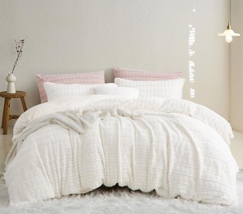 Lanqinglv Plüsch Bettwäsche 200x220 Kunstfell Weiß Flauschig Winterbettwäsche Warme Kuschelig Flanell Fleece Cashmere Touch Biber Bettbezug mit Reißverschluss und 2 Kissenbezug 80x80cm