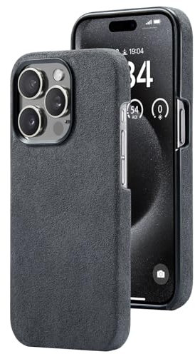 AKANTRA Alcantara Hülle für Apple iPhone15 Pro Max, handgefertigt, halb umwickelt, synthetische Wildlederhülle, kompatibel mit Magsafe kabellosem Laden (iPhone15 Pro Max, Schwarz)