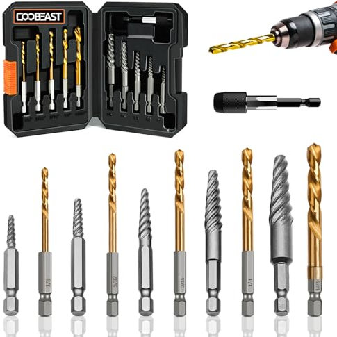 Coobeast Juego de 11 extractores de tornillos, broca izquierda y kit de extractor de pernos, fácil de quitar, roto, dañado, tornillo y tuerca, juego de extractor de brocas inversas con estuche