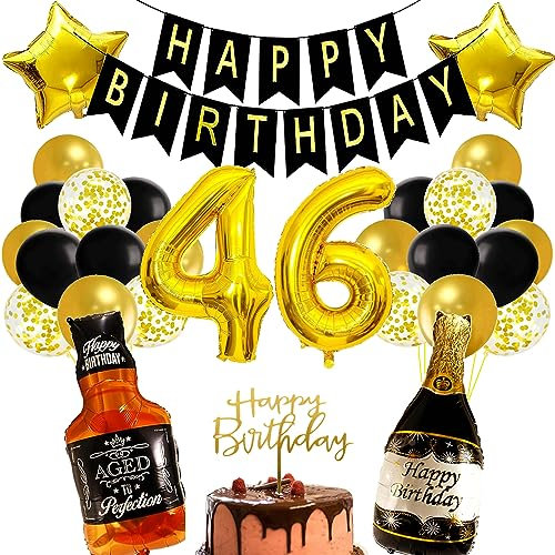 Conruich Geburtstagsdeko 46 Jahre Mann Frau, Luftballon 46. Geburtstag Deko Mann, Folienballon Zahl 46 Gold, Helium Ballon Whiskey Bierglas für 46. Geburtstag Manner Party Dekoration