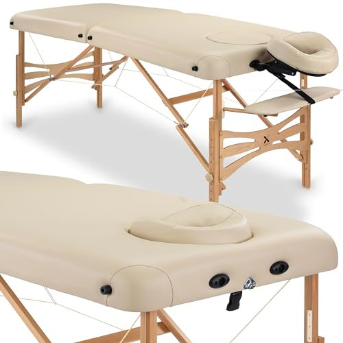HABYS Panda Plus Massageliege Holz 3-Zonen | Verstellbares Segment | 5 cm Polster | Inkl. Kopfstütze & Armauflage (Beige, 210 x 70 cm)