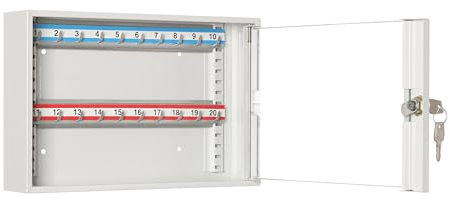LEOMAR Schlüsselschrank, Schlüsselkasten mit 20 Haken, Schlüsselbox aus Stahlblech mit Glastüren, mit Verstellbaren Hakenleisten, Organizer zur Wandbefestigung, Abschließbar, 6 x 35 x 22 cm