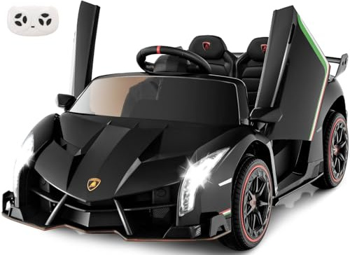 INFANS 2 Seater Kids Ride on Car, 12V 4WD Licensed Lamborghini Veneno Powered Electric Vehicle with Hydraulic Doors, Rocking Mode, Adjustable Speeds, Remote Control, MP3, Headlight (Black)