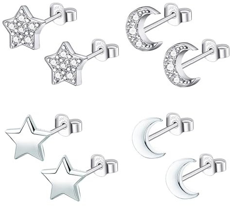 Hinvan 4 Paar 925 Sterling Silber Ohrringe Damen Silber Stern Ohrringe Mond Ohrstecker Zirkonia Klein Ohrstecker Silber Set Piercing für Damen Mädchen Frauen