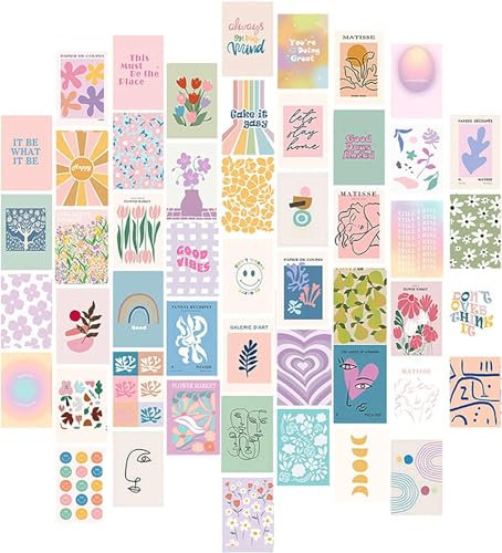 BRISKORE Wandcollagen Aesthetic Deko Poster Set, 50 Stk Boho Bilder Schlafzimmer Fotosammlung, Vintage Wohnheim, VSCO Wall Collage Wanddruck Kit Raumdekoration für Mädchen Teenager