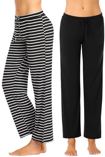 vislivin Schlafanzughose Damen Pyjamahosen Lang Freizeithose Stretch Yogahose Weiche Frauen Nachtwäsche Hosen Schwarz/Schwarz Streifen-1 XL