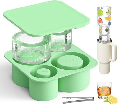PKBD Ice Cube Tray Mold with Lid for Stanley Cup 14-40Oz Tumbler, Hollow Cylinder Silicone Freezer Ice Moulds for Chilling Cocktails, Whiskey, Drinks, Coffee, Includes Stainless Steel Clip, Green