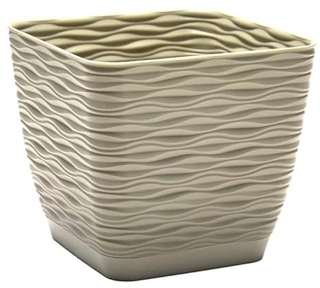 Acan Tradineur - Maceta Cuadrada con Plato - Diseño Wind - Fabricado en plástico - Ideal parajardín Exterior, terraza o balcón - 14 x 15 x 15 cm - Color Beige