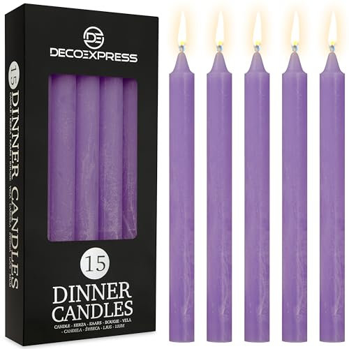 DECO EXPRESS Tapered Candle Set of 15 Classic Dripless Rustic Tapered Unscented 9H Burn Time Handmade Decorative Dinner Candles Restaurant Home Christmas (Purple, 15 Pack)