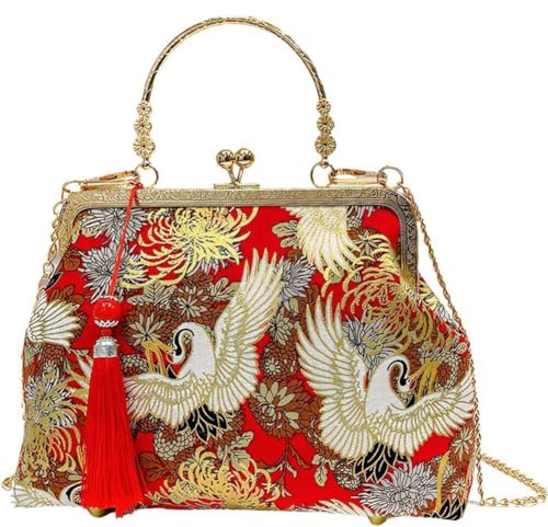 Keuyeo Abendtaschen Kranich-Stickerei Im Chinesischen Stil, Cheongsam-Tasche Im Antiken Stil, Vintage-Handtasche Quaste Und Anhänger