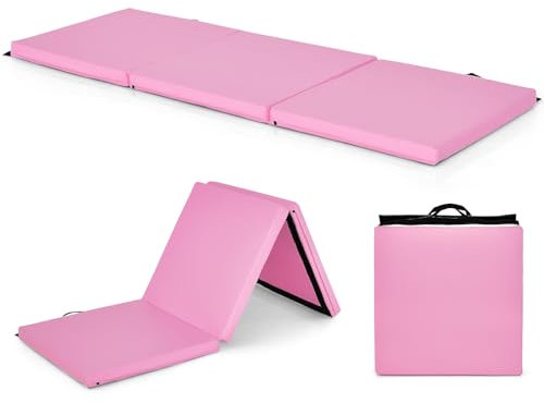 GYMAX Tapis de Gymnastique Épais Pliable 180x60x5cm, Combinaisonable avec Attache Auto-Agrippante, Housse en Simili Cuir, Portable avec Poignées de Transport, pour Yoga, Fitness, Étirement(Rose)
