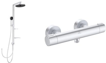 Set aus Ideal Standard BD585SI Alu+ Duschsystem mit 2 Ablagen, 2-Funktionshandbrause, 2-Funktionskopfbrause, Brauseschlauch 175cm, Silber (Silver) + BD582SI Alu+ Brausethermostat für Dusche, Aufputz