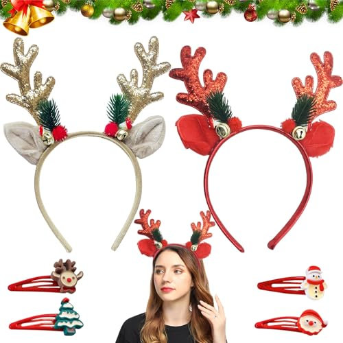 Bandeaux de Noël Serre Tete, 2 Pcs Paillettes Serre Tête Cerf avec épingle à Cheveux, Rouge Or Bandeau Cheveux d'élan pour Adultes Enfants Fêtes de Noël Nouvel An Cosplay Déguisement Accessoires