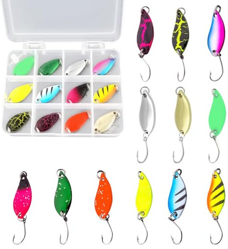 12 Pièces Cuillère pour la Pêche à la Truite, 5g Cuillère Truite Hameçon Simple avec Boite, Leurres à Truites de Pêche en Métal, Clignotants Leurre de Peche Kit pour Eau Douce et Eau de mer