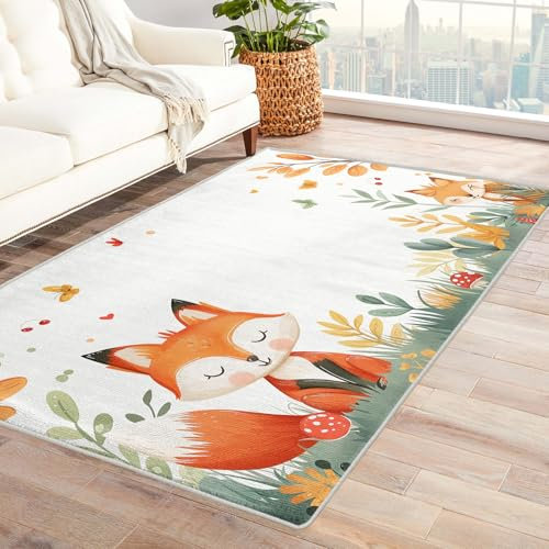 Fuchs Teppich Kinderzimmer - Teppich Wohnzimmer Schlafzimmer Waldtiere, Großer Teppich Schmetterling Blumen, Weich Kurzflor & Waschbar & rutschfest Wohnzimmerteppich, Kinderteppich, 100x200 cm