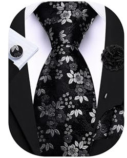 Barry.Wang Krawatte mit Blumenmotiv für Herren, Seidenkrawatte, Einstecktuch, Manschettenknöpfe, Set, formelle Hochzeit, Party, Business, schwarz / weiß, Einheitsgröße