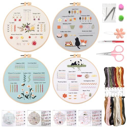 TechVizrs Stickset für Anfänger, 4 Sets Blume Gestempelt Vorgedruckte Kreuzstich-Kits Handstickerei-Kits für Erwachsene mit Reifen Farbfäden und Werkzeuge Anleitung