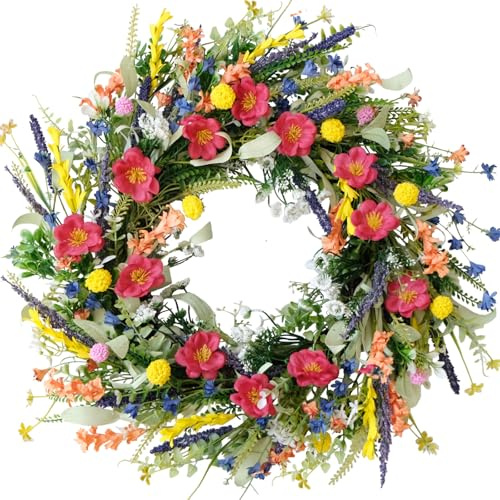 CIR OASES 22-inch Summer front door wreath Artificial Wildflower Colorful Flower wreath Front porch Patio Home decoration Wedding holiday party decoration