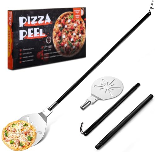 Homikit Edelstahl Pizzaschieber, 22,8x25x112cm, mit Abnehmbarem Griff | Rund Perforierte Pizzawender mit Longer Griff, Rund Pizzaschaufel Schaufel zum Leichten Gleiten auf Pizzastein