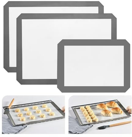 KitchenRaku 3er Set Rechteckig Backmatte aus Silikon,Antihaftbeschichtung Silikon Backmatte Dauerbackfolie Wiederverwendbar Backfolie Silikonmatte BPA frei, Hellgra