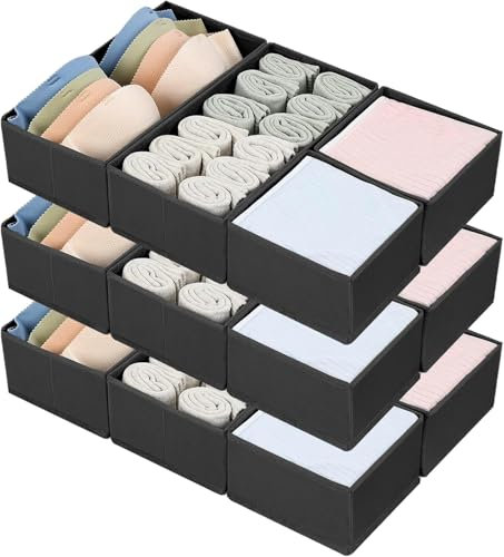 DIMJ 12-Pack Foldable Black Drawer Organisers - Fabric Storage Dividers for Underwear, Socks, Accessories - Reinforced Closet & Wardrobe Storage Boxes for Bedroom, Office, Dorm Room