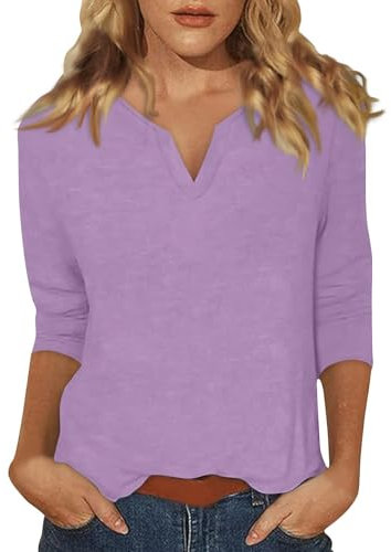 T-shirts d'été pour femme - Manches 3/4 - Col en V - Tunique - Chemisier à manches trois-quarts - Élégant - Décontracté - Couleur unie - Chemisiers et tuniques pour femme, lilas, L