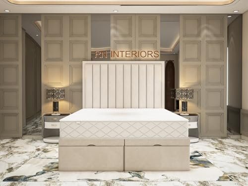 RN Interiors Liner Ottoman Divan Beds – Divan Bed Frame | 49” Matching Floor Standing Headboard | Ottoman Storage Divan Bed Base Plush Velvet (Cream, 4FT6 Double)